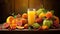 a glass brimming with freshly squeezed orange juice placed amidst a selection of ripe, fresh fruits on a rustic wooden