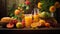 a glass brimming with freshly squeezed orange juice placed amidst a selection of ripe, fresh fruits on a rustic wooden