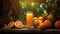 a glass brimming with freshly squeezed orange juice placed amidst a selection of ripe, fresh fruits on a rustic wooden