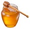 Glass can full of honey and wooden stick on it.