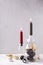 Glass candleholders with gold, black, silver decorative cones