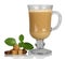Glass of cappuccino, sugar, mint leaves and cinnamon isolated on white