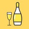 Glass of champagne with bottles. Flat style. Cartoon alcohol icon