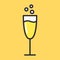 Glass of champagne with bubbles. Yellow drink. Cartoon alcohol icon. Vector flat glass