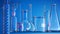 Glass chemistry lab equipment on blue background. Chemistry Lab concept. 3d