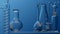 Glass chemistry lab equipment on blue background. Chemistry Lab concept. 3d