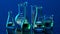 Glass chemistry lab equipment on blue background. Chemistry Lab concept. 3d