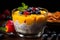 Glass of chia pudding with mango and blueberry