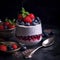 Glass of chia pudding topped with strawberries, blueberries and raspberries on dark background. Chia dessert made of youghurt,