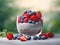 Glass of chia pudding topped with strawberries, blueberries and raspberries on natural background. Chia dessert made of youghurt,