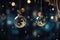 Glass christmas decorations hanging from a christmas at night. Bokeh background. Night time, stars, christmas lights. AI