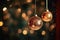 Glass christmas decorations hanging from a christmas at night. Bokeh background. Night time, stars, christmas lights. AI