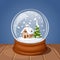 Glass Christmas snow globe with house and fir-tree. Vector illustration.