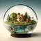 Glass Circle Miniature World: A Charming Table Decor with People, Animals, Vehicles, and Water. AI-generated