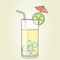 A glass with a cocktail slice of lemon with umbrella and straw. Flat vector