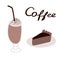 Glass of coffee mocha with cream and cinnamon and chocolate cake. Vector illustration in flat style.