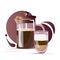 Glass coffee pot, french press with black coffee and Glass mug with double bottom and latte