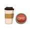 Glass of coffee and a power button. The concept of a morning energy drink. The drink is isolated on a white background