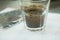 glass of coffee for taster to smell and taste aromatic and flavor wheel. aroma perception in brewed coffee. cupping examination.