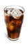 Glass of cola with ice cubes on white