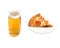 Glass with cold amber beer and pizza piece on a plate isolated