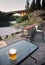 Glass of cold draught lager beer standing on a wall next to the Moraca river,Podgorica,Montenegro