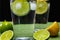 Glass with cold sparkling mineral water, lime and lemon