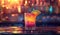 glass with colorful alcohol drink on bar counter, tropical exotic cocktail at nightclub