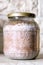 Glass container with inoculated fruiting fungal mycelium, home cultivation and fungiculture