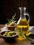 Glass container with olive oil on wooden table and olives