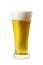 Glass of cool light beer with froth on white background