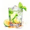 Glass of cooling drink with lemon, mint and ice. Bright watercolor illustration on a white background.