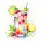 Glass of cooling drink with lime, mint, berries and ice. Colorful watercolor illustration isolated on white background.