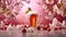 Glass of craft cherry beer or on a light pink background with cherry blossom branches, promotional illustration. Red cherry ale or