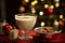 Glass of creamy eggnog with nutmeg, Christmas tree and wrapped gifts blurred in the backdrop.