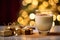 Glass of creamy eggnog with nutmeg, Christmas tree and wrapped gifts blurred in the backdrop.