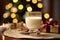 Glass of creamy eggnog with nutmeg, Christmas tree and wrapped gifts blurred in the backdrop.