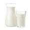 Glass and cruet with fresh milk on white background