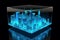glass cubes glowing with neon light in different angle view, clear square box, crystal block, aquarium or exhibit podium