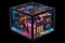 glass cubes glowing with neon light in different angle view, clear square box, crystal block, aquarium or exhibit podium