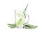 Glass cup of aloe vera juice on white background