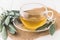 Glass cup with sage tea and sage leaves on jute and white wood