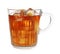 Glass cup of tasty iced tea with lemon on white