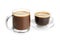 Glass cups with tasty aromatic coffee on white background