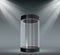 Glass cylinder showcase. Transparent plastic case, empty product or museum display with spotlights. Exhibition stand for