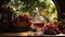 Glass decanter of wine with ripe grapes bunch harvest still life generative AI