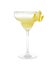 Glass of delicious bee`s knees cocktail with sugar rim and lemon twist isolated on white