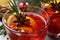 Glass with delicious punch drink on table, closeup