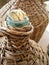 Glass demijohn wrapped in straw basket traditional alcohol different liquids storage