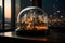 Glass Dome Cityscape at Night: An Elegant Oasis Amidst Stark Scorched Terrain